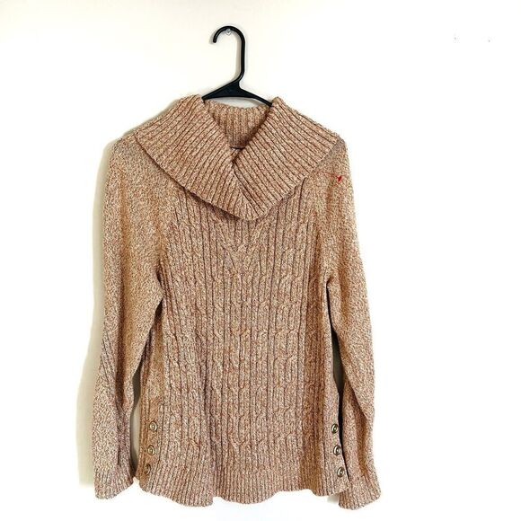 Talbots Sweater Women Size L Cowl Neck Cable Knot Gold Button Pink Cream - Picture 1 of 7